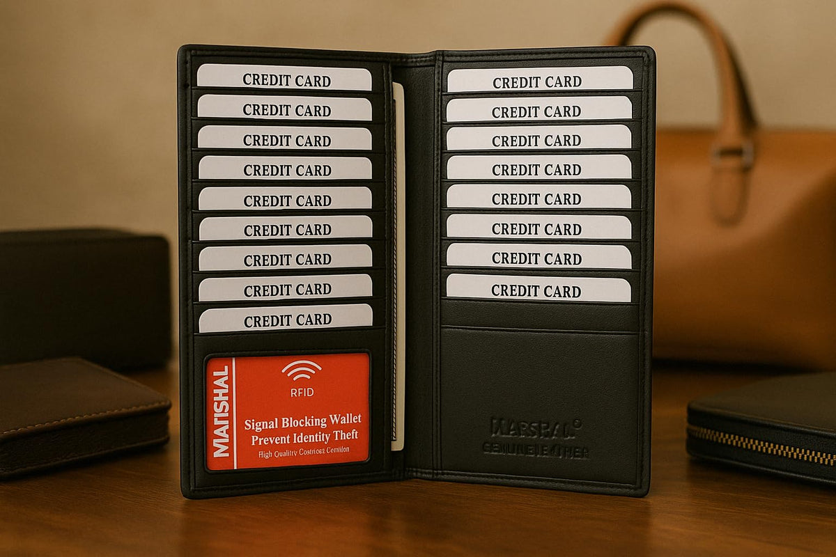 Marshal Bifold Leather RFID Blocking Wallet For Men & Women | Genuine Leather Holder With 19 Slots, 2 Bill Compartments & ID Window For Credit/Debit Cards, Money & More (Black)