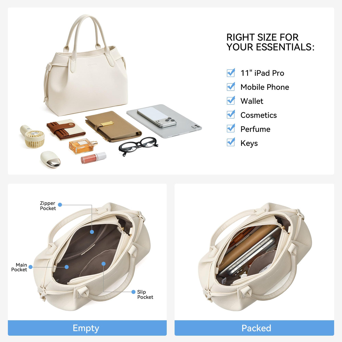 BOSTANTEN Silk Scarf Satchel bags Vegan Leather Purses for women Medium Work Tote bag with Removable Strap Off White