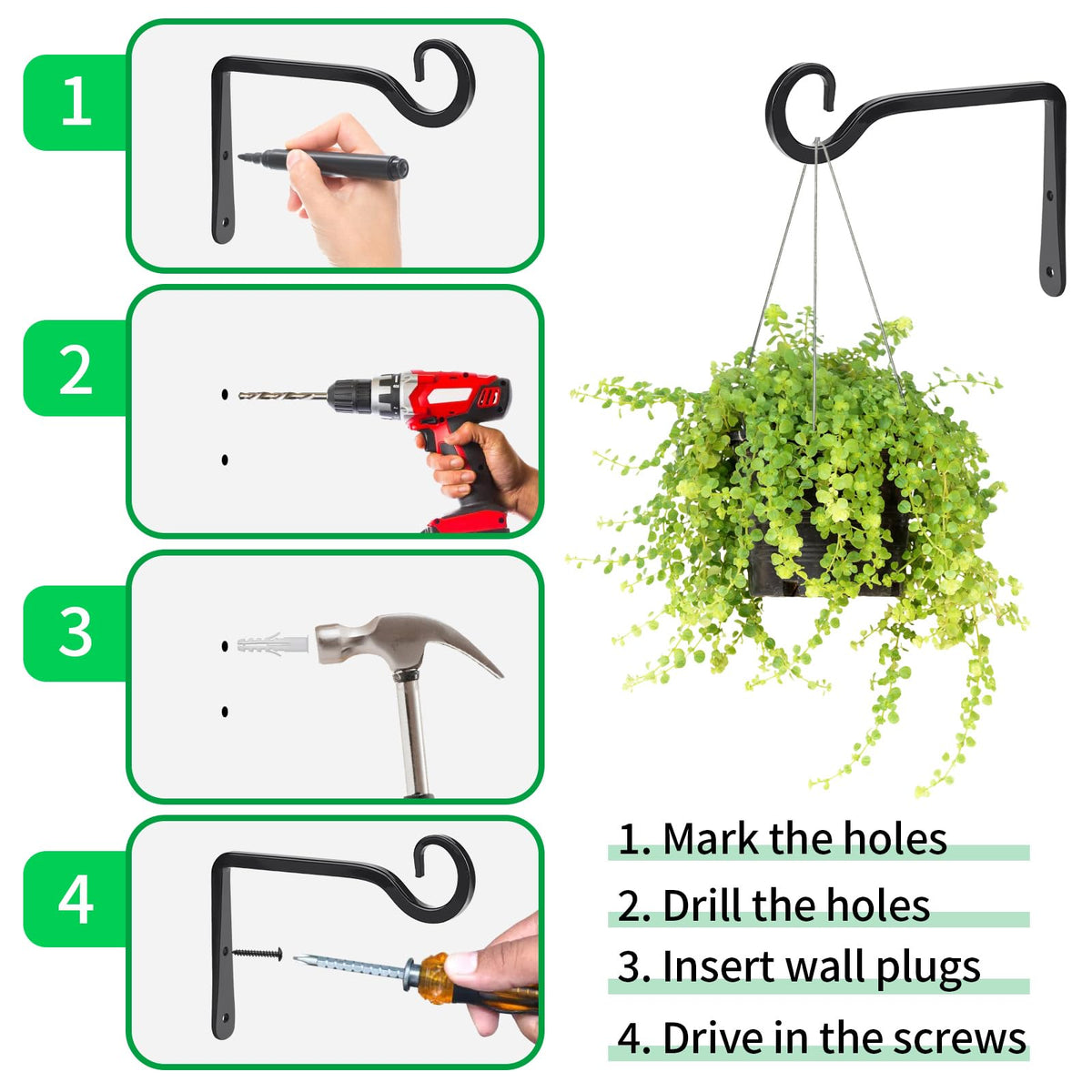 MOWPOG Plant Hangers Outdoor, 4 Pack 6 Inch Hanging Plants Bracket, Metal Hanging Hooks, Wall Hooks for Bird Feeder, Flower Basket, Wind Chimes, Indoor Outdoor (Black)