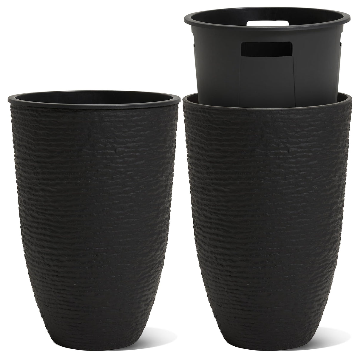 Worth Garden 2-Pack 21" H. Black Tall Planters with Inside Pots - 14'' Dia Plastic Large Round Plant Tree Pots - Decorative Imitation Stone Finish for Indoor Outdoor Front Porch Container Patio