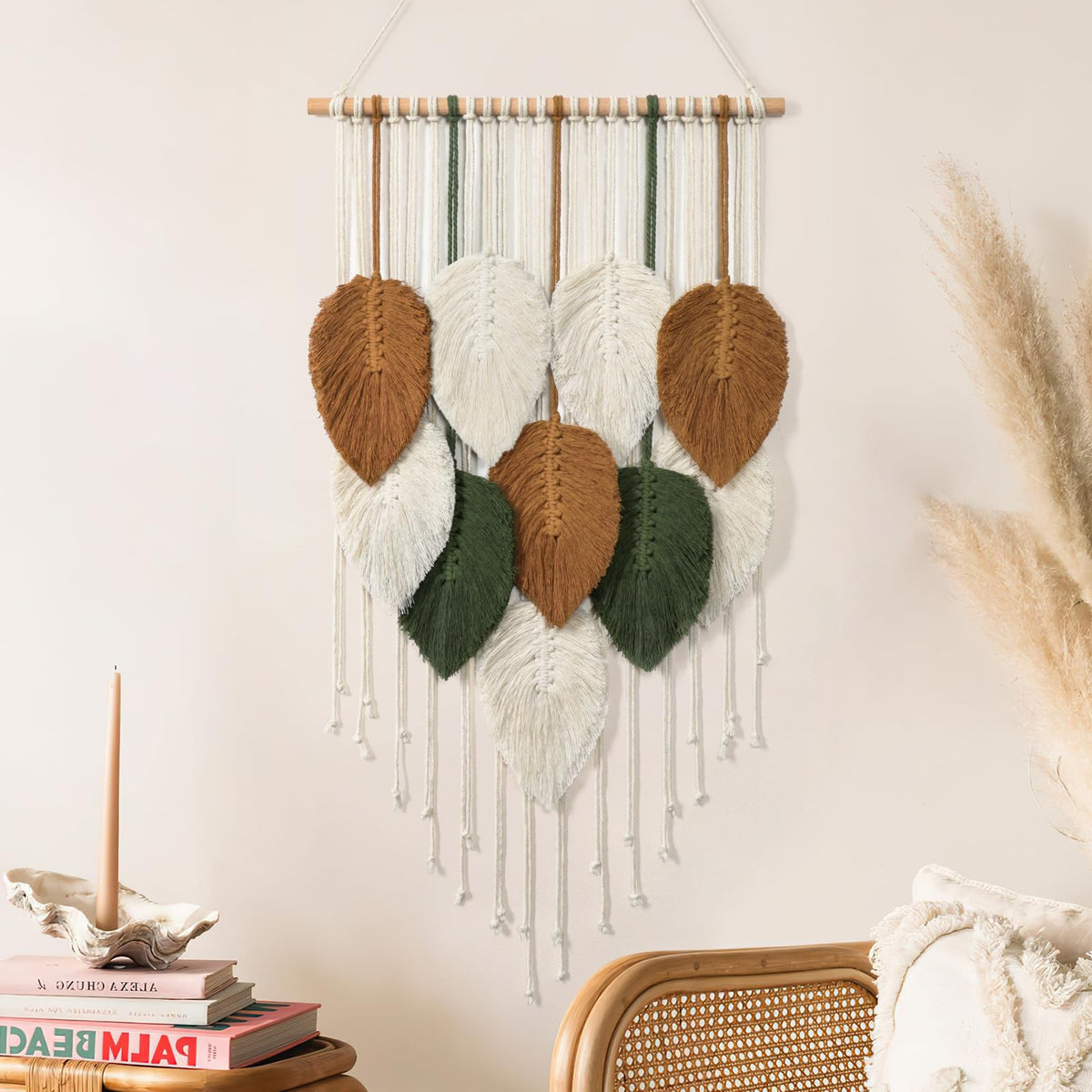 KHOYIME Macrame Wall Hanging Leaves Woven Tapestry, Boho Chic Home Decor Modern Bohemian Handmade Leaf Feather Wall Art Decorations for Apartment Dorm Living Room Bedroom Nursery Backdrop 16.5"x29.5"