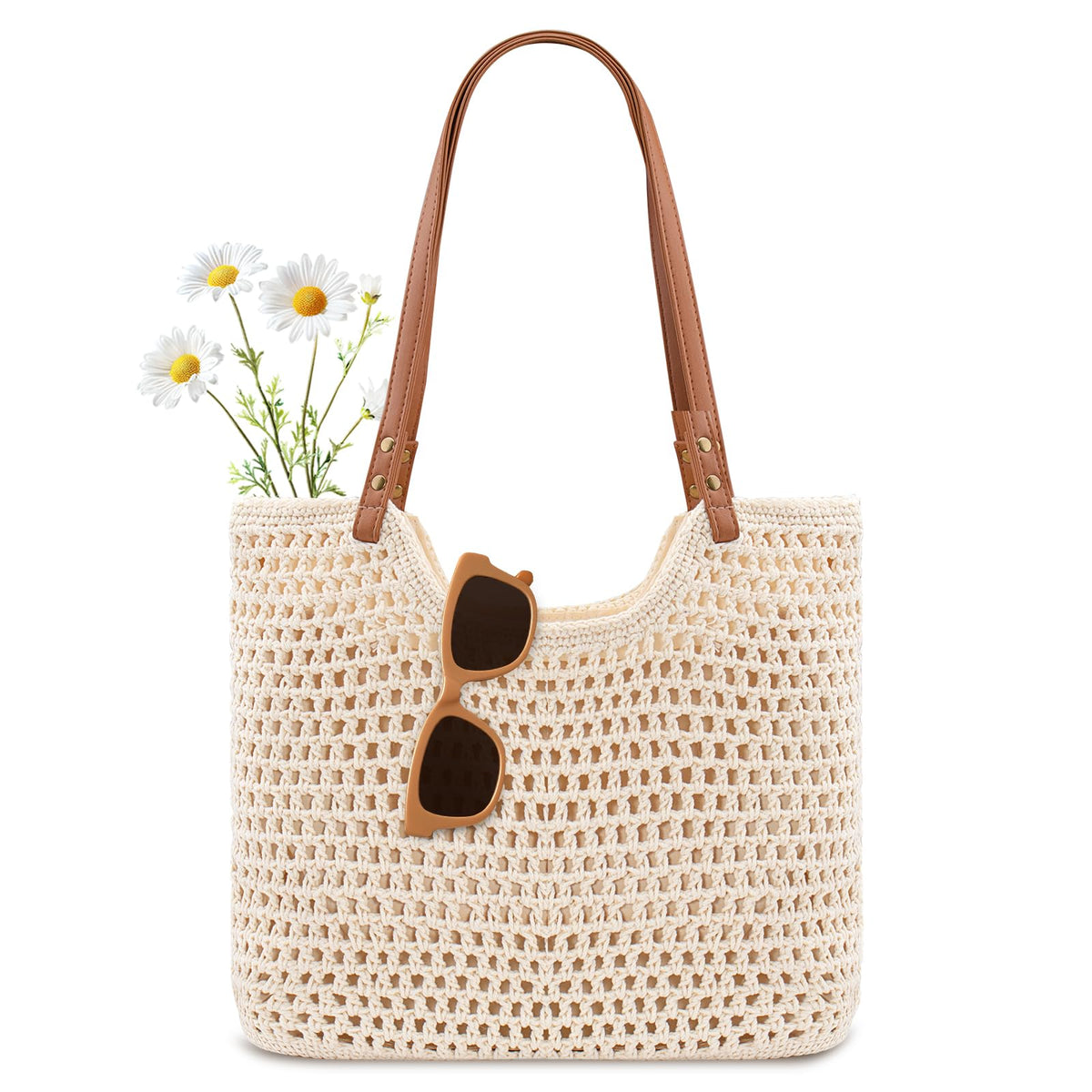 Peicees Crochet Beach Bag Purse, Boho Woven Tote with Leak-Proof Lining For Summer Vacation Travel Casual Shoulder Bag Soft