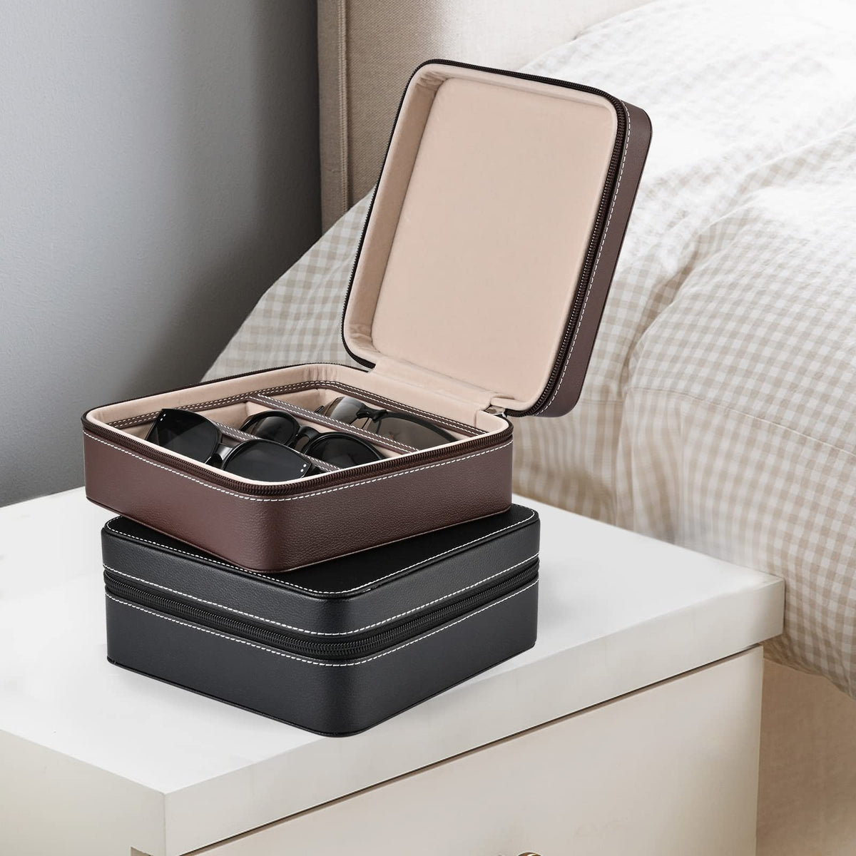 ROSELLE Eyewear Travel Case for women men, Luxury leather 3-Slot Eyeglasses Storage Box for Multiple Glasses and Sunglasses (Coffee)