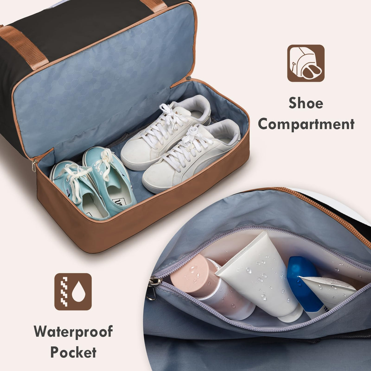 WOOMADA Weekender Overnight Bag for Women, Carry on Shoulder Travel Duffel with Shoes Compartment,Gym Bag with Toiletry Bag(black&coffee&brown)