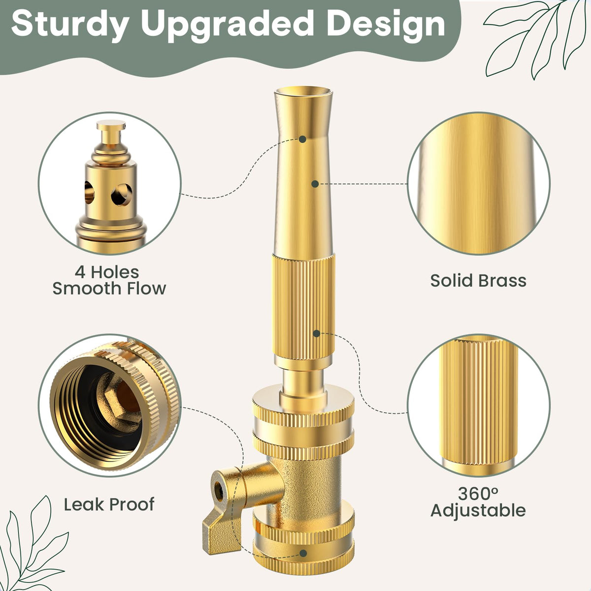 Twinkle Star Heavy-Duty Brass Adjustable Twist Hose Nozzle, High Pressure Hose Nozzle with On-Off Valve, Leakproof Operation 3/4" GHT Connector 4 Pack