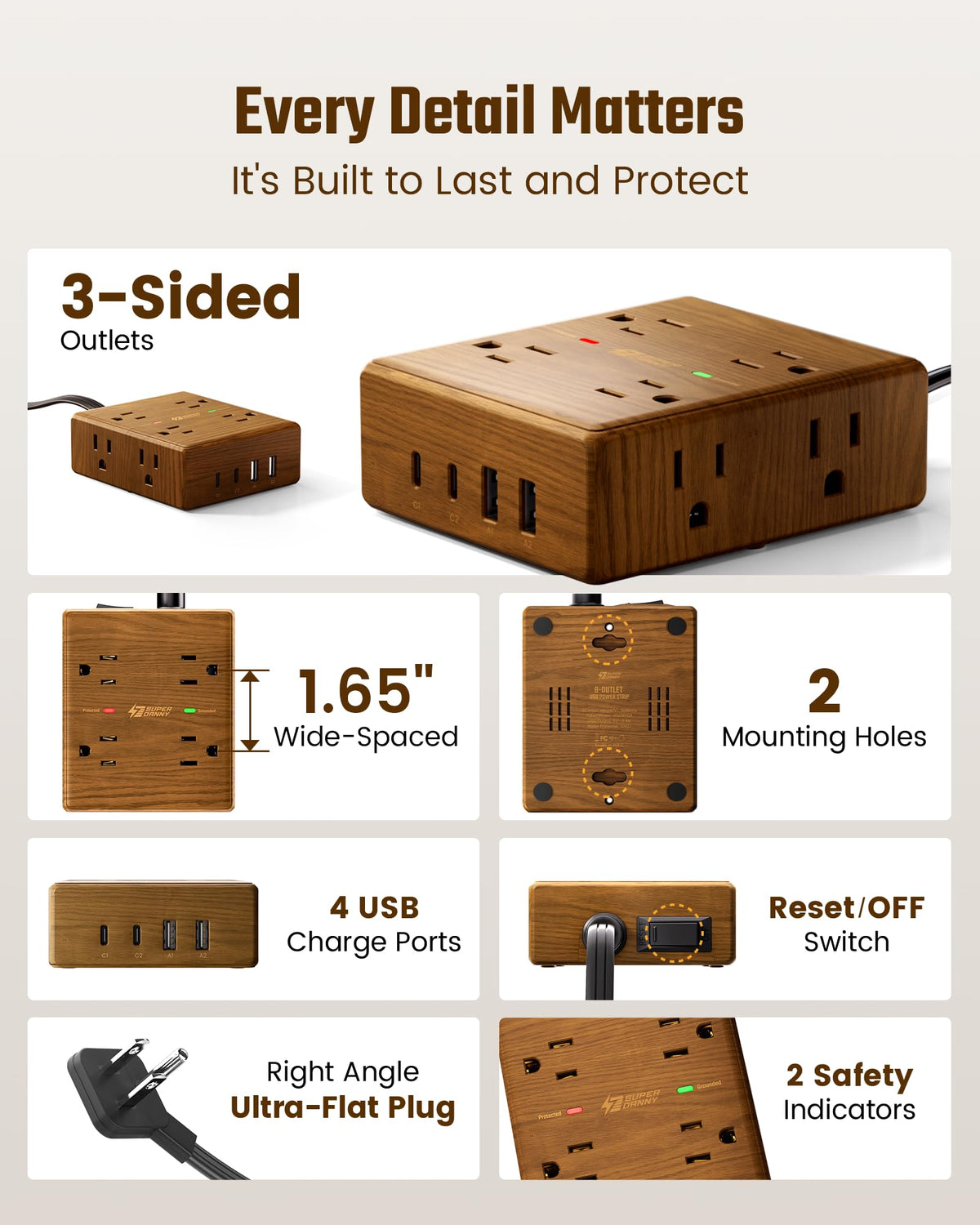 Brown Extension Cord 10Ft, Flat Plug Power Strip Surge Protector, 8 Outlets & 4 USB Ports (2 USB C), Desktop Charging Station Hidden Behind Furniture, Decorative Office Desk Accessories (Walnut Wood)