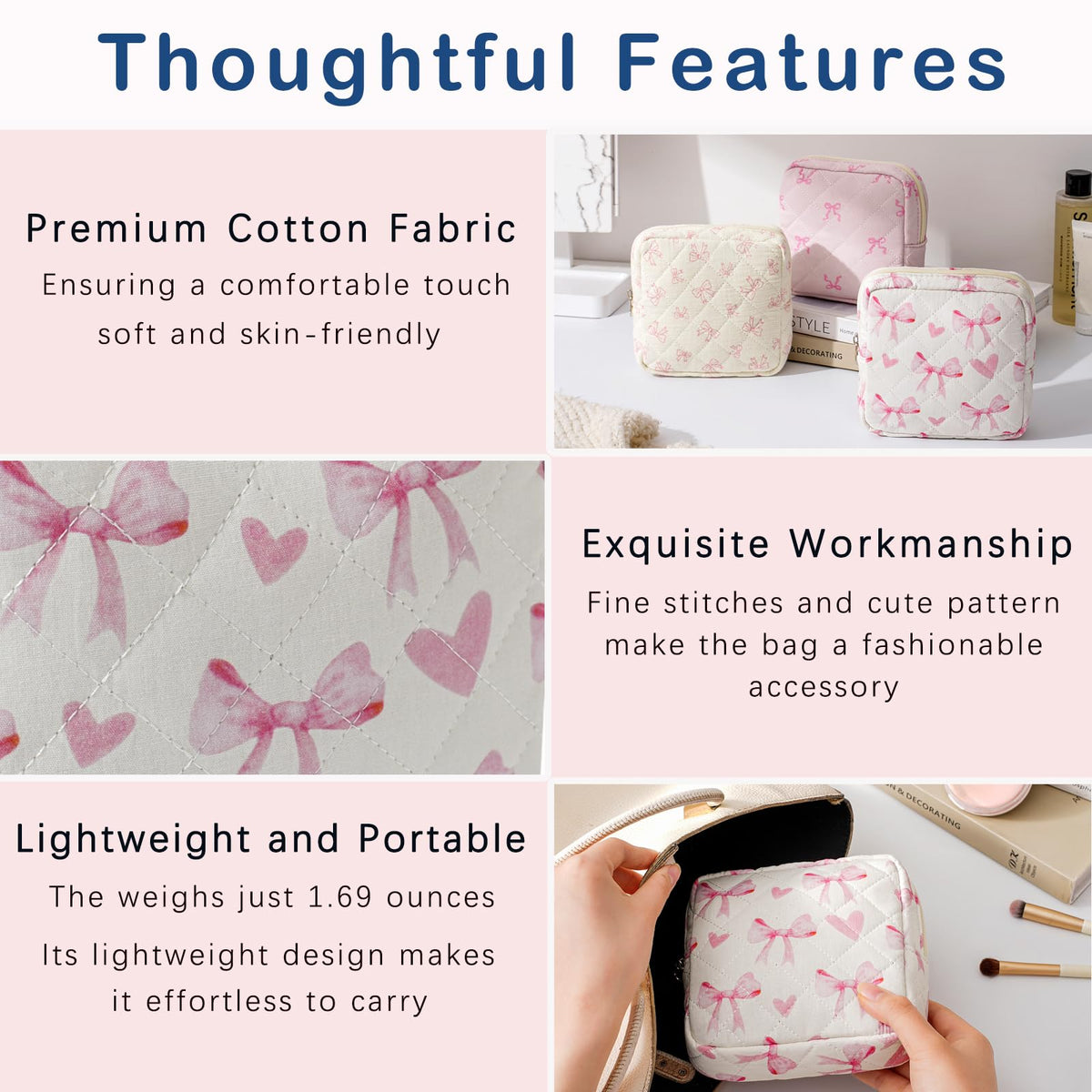 RSRSLEII Small Quilted Cosmetic Pouch for Purse, Mini Cotton Makeup Bag with Compartments, Cute Zipper Lipstick Holder for Women (02Heart Bow)