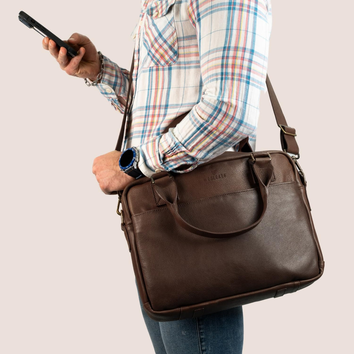 WESLEATH Full Grain Leather Briefcase | Elegant Handmade Leather Briefcase for Men, Perfect for Work and Business. (Chocolate)