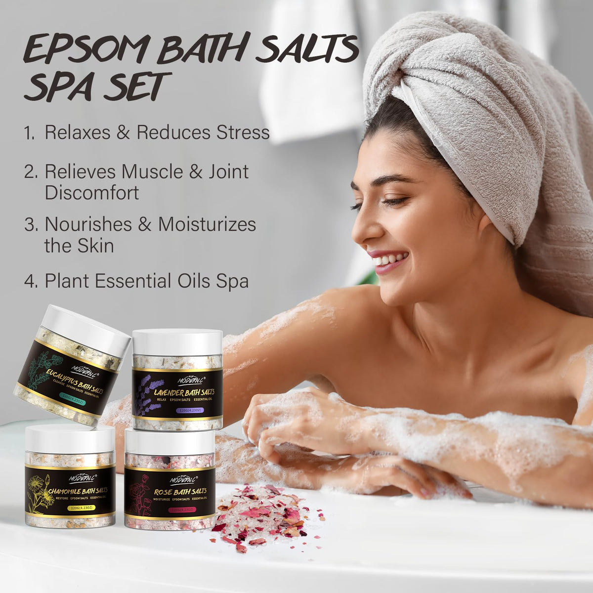 Epsom Bath Salts Gift Set for Soaking 4pcs Bath Salts with Essential Oils for Women Relaxing Lavender Eucalyptus Rose Chamomile Bath Set for Women Luxury Spa Birthday Mother's Day Christmas Gift