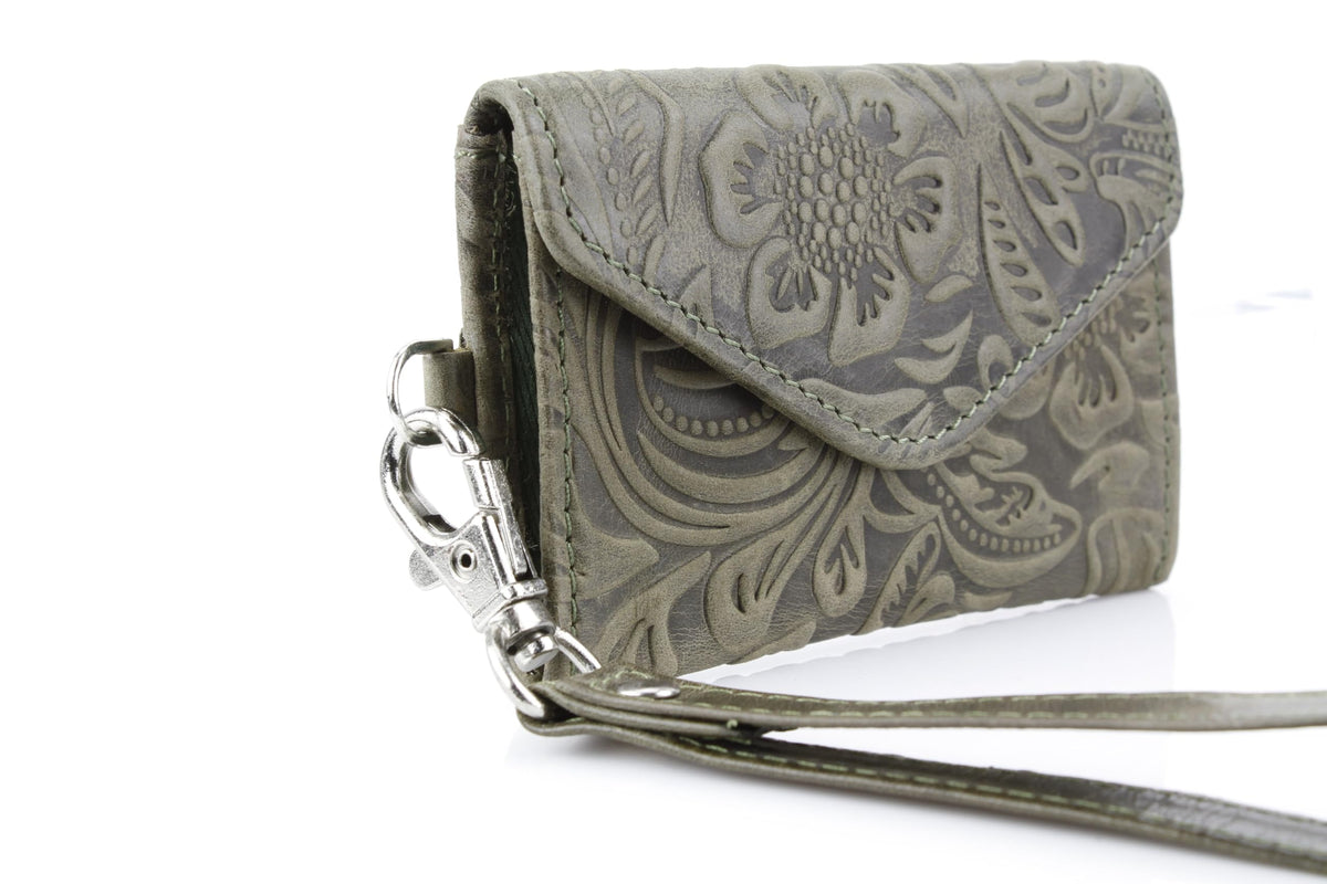 American Bison Small Floral Filigree Wristlet for Women – Compact Card Holder Wallet with Wrist Strap – Minimalist Clutch for ID, Credit Cards & Essentials (Green)