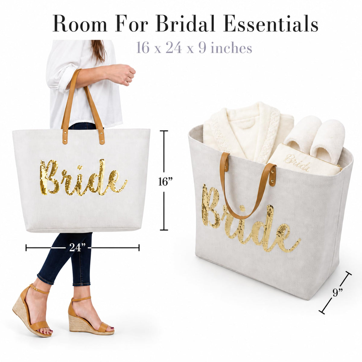 Mud Pie Bride Tote Bag, Bridal Shower Gift with Gold Sequin Script, Bridal Bag With Vegan Leather Handles