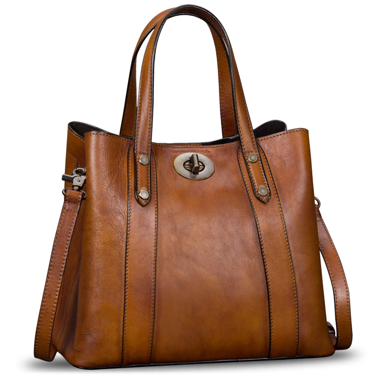 Genuine Leather Handbags for Women Satchel Purses Vintage Handmade Shoulder Bag Cowhide Top Handle Handbag Totes (Brown)