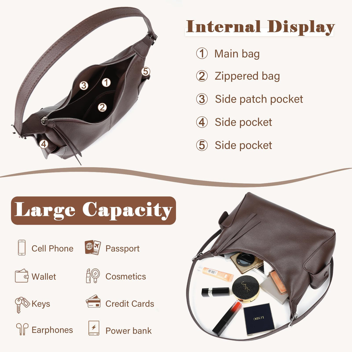 MFFOR Genuine Leather Hobo Bags, Tote Bag for Women, Slouchy Shoulder Purse, Crossbody Bags with 2 Removable Strap (Coffee)