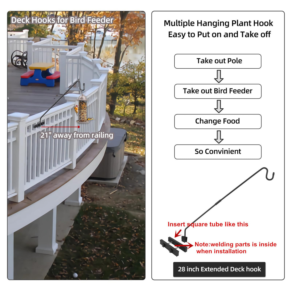 Monalife Deck Hook Railing Mount - Heavy Duty Metal Shepherds Hook Bracket for Outdoor Plant Hanger, Bird Feeder Hanger, Plant Hooks, Flower Baskets, Lanterns - 360° Rotating Pole, Extended Arm