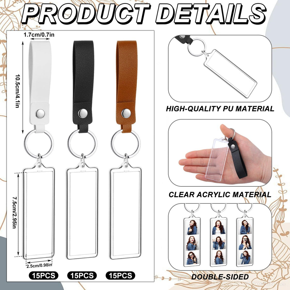 ForraFun 30 Pcs 1x3 Inch PU Leather Mini Photo Strip Keychain Frames Acrylic Photo Booth Keychain Picture Keyring Holder Blank for Wedding Birthday Gift Photobooth Party Favors