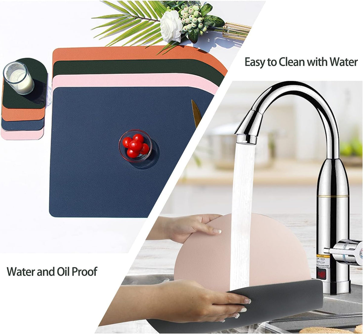 Reversible Faux Leather Placemats with Coasters Set of 4, Non-Slip Washable Table Mats for Dining, Kitchen, Heat Resistant Insulation Place Mat Easy to Clean (17 x 12 inch), Stain Resistant Placemats