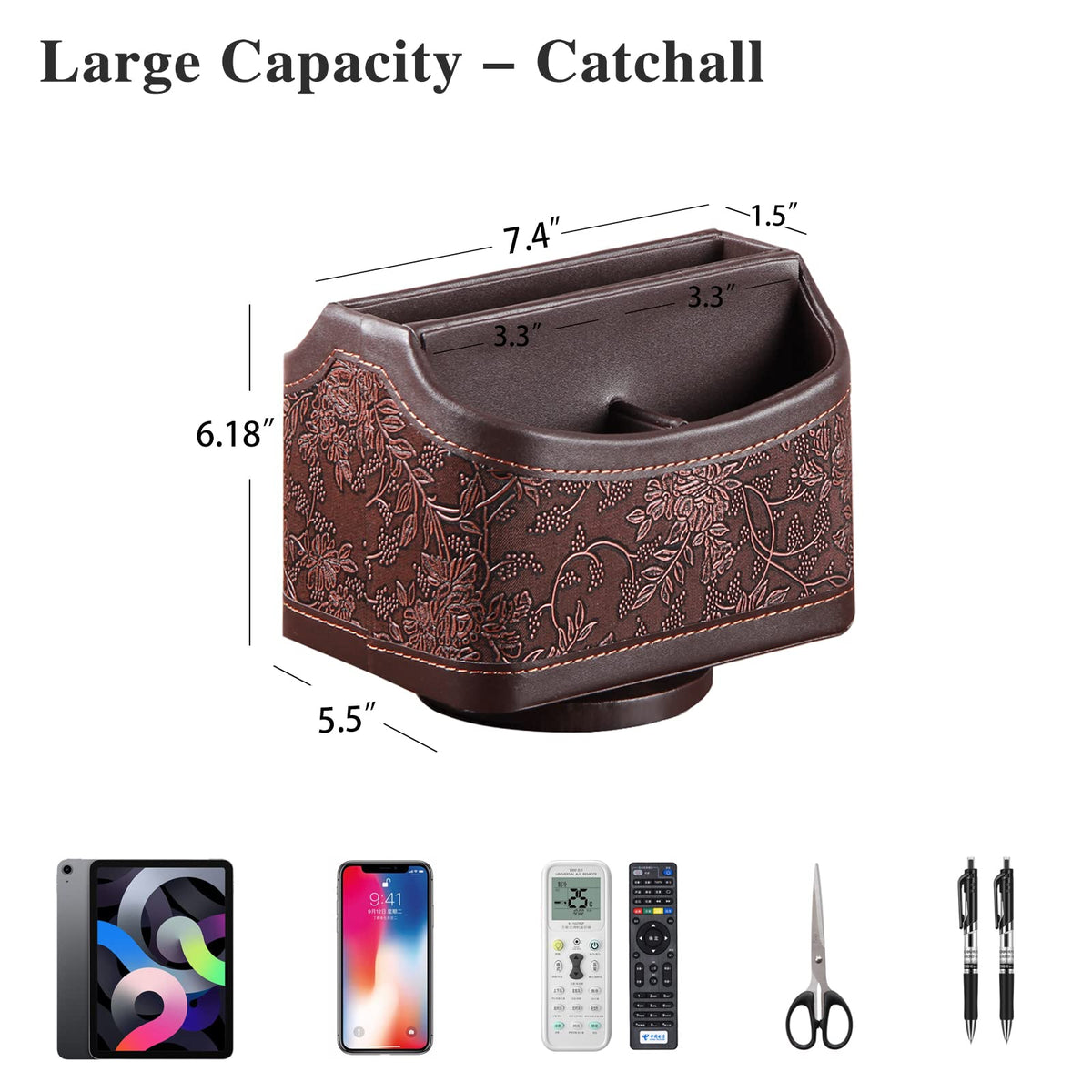 YAPISHI Antique Leather Remote Control Holder, 360 Degree Spinning Desk TV Remote Caddy/Box, Bedside Table Organizer for Controller, Media, Calculator, Mobile Phone and Pen Storage