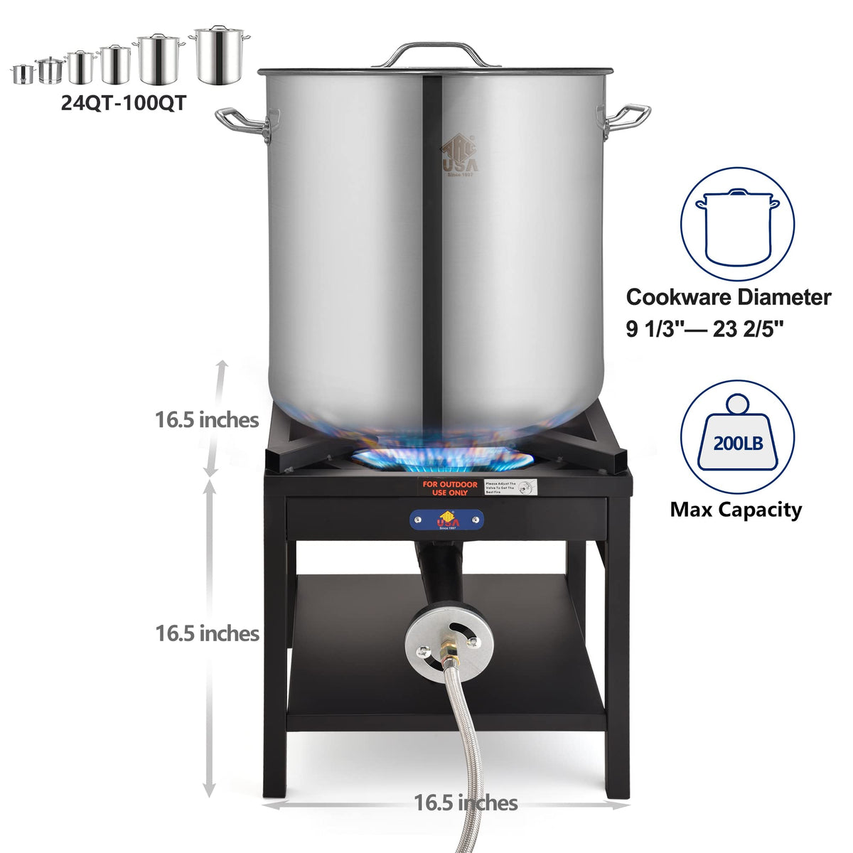 ARC Single Burner Propane Stove, 200,000BTU Cast Iron High Pressure Outdoor Propane Burner Cooker,16.5"Heavy Duty Square Stove, Great For Outdoor Cooking Turkey Fry,Seafood Boil,Homebrewing