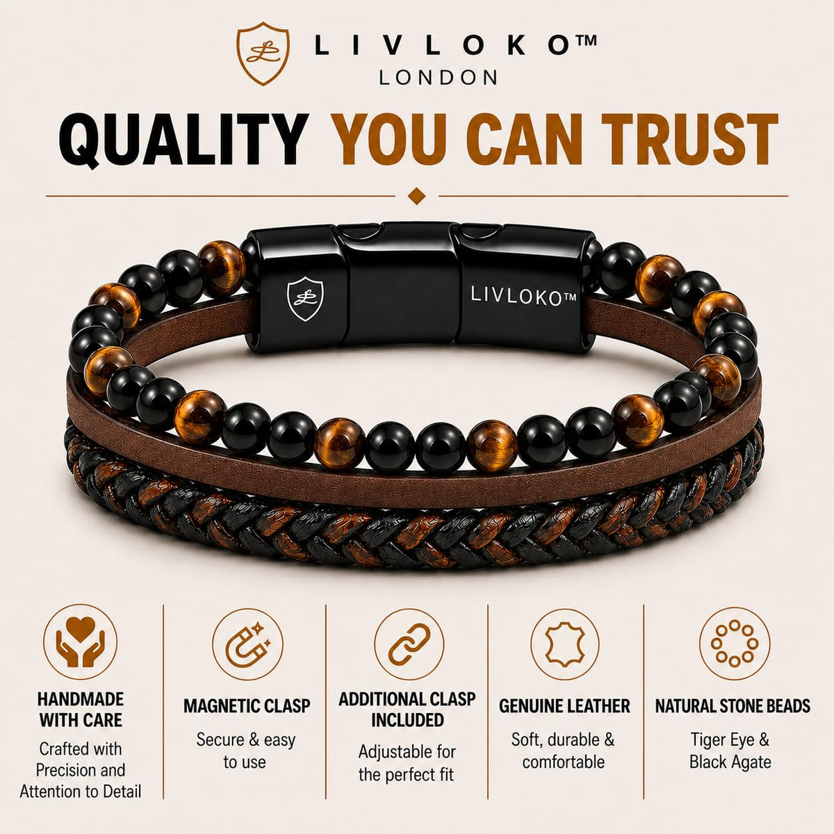 LIVLOKO Mens Bracelet Leather Black Multi-Layer Bracelet for Men Magnetic Clasp Rope Wristband Mens Gift for Boyfriend (Medium to Large 20-22cm, B. 19-22cm Black Brown Tiger-Eye Adjustable)