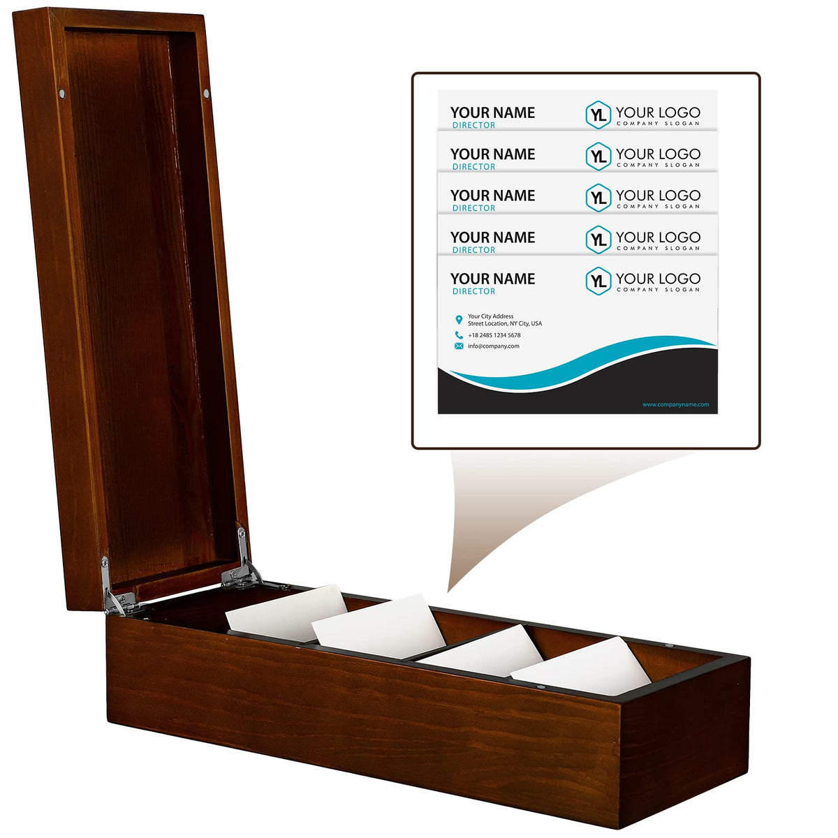 Hoteam Business Card Holder 2.2 x 3.5 Inch Index Card Holder Wood Desktop File Organizer 5 Dividers Holds 500 Cards Storage Box for Office Business Classroom 11 x 4.33 x 3.15 Inch