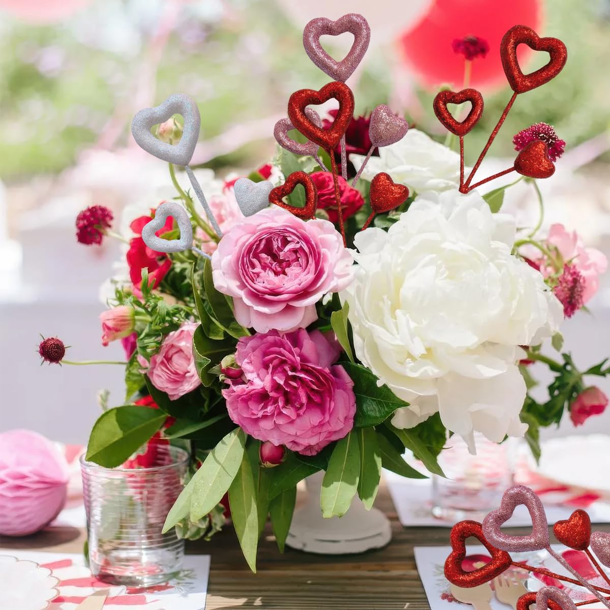 6 Pcs Glitter Heart Picks Valentine's Day Puffy Foam Hearts Floral Sparkly Sticks for Valentine Wedding Arrangements Party Vase Floral Bouquet Crafts Table Centerpiece Decorations