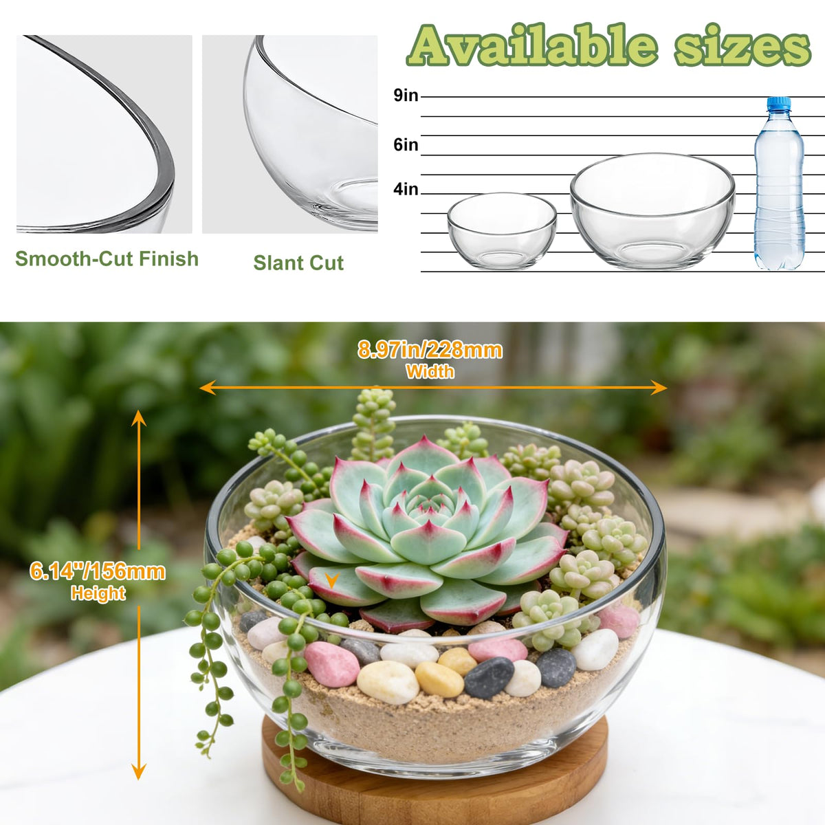 2Pack Slant Cut Bowl, Glass Terrarium, Glass Fish Bowl Vase, Flower Vase Centerpiece, Candy Dish, Fruit Jar (Big: Open 8.5" Height 6" x 3" ; Small: Open 5.75" Height 4" x 2")