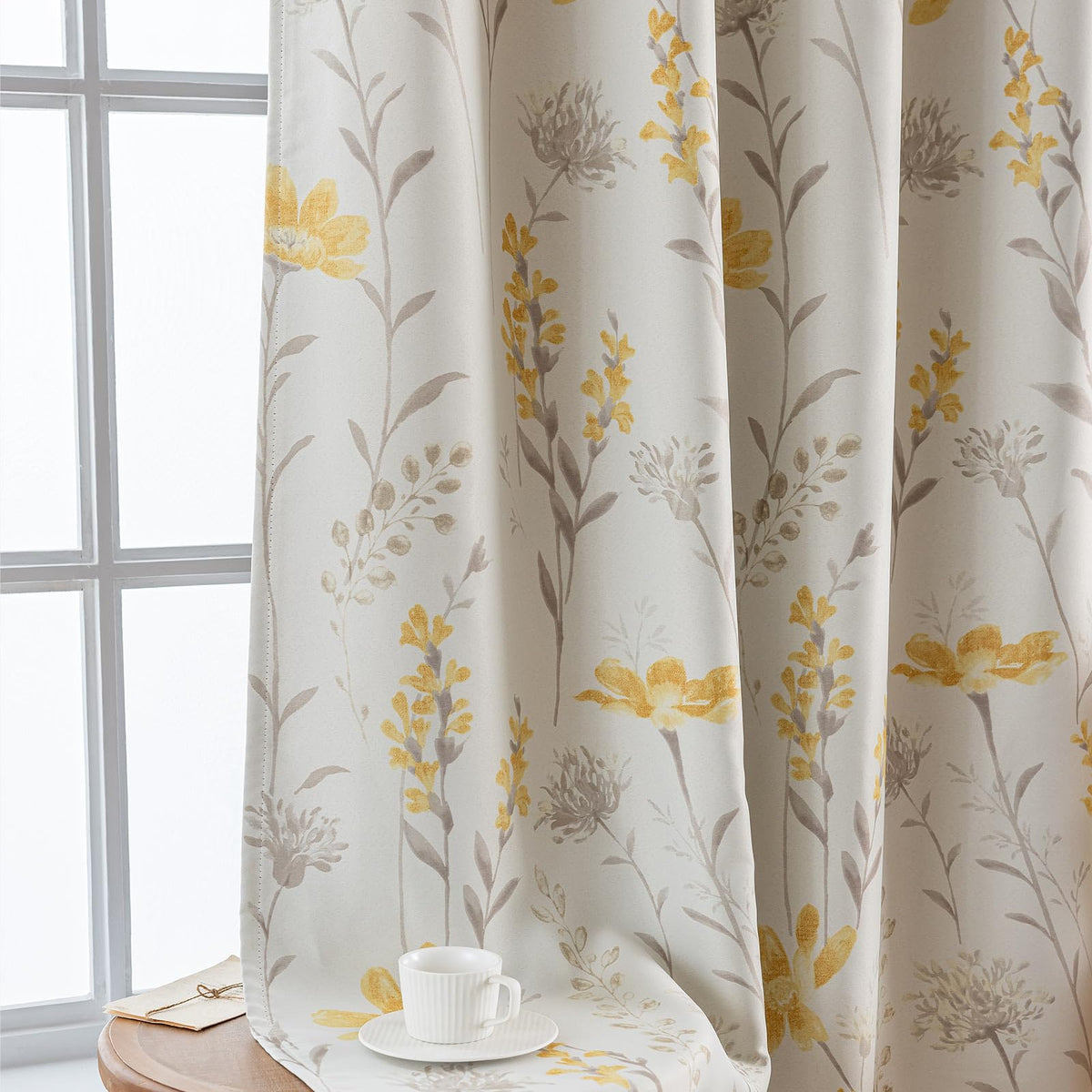 SUOUO Yellow Floral Blackout Curtains for Bedroom 96 inches Long Patterned Grey Leaf Thermal Insulated Window Drapes for Living Room 2 Panels