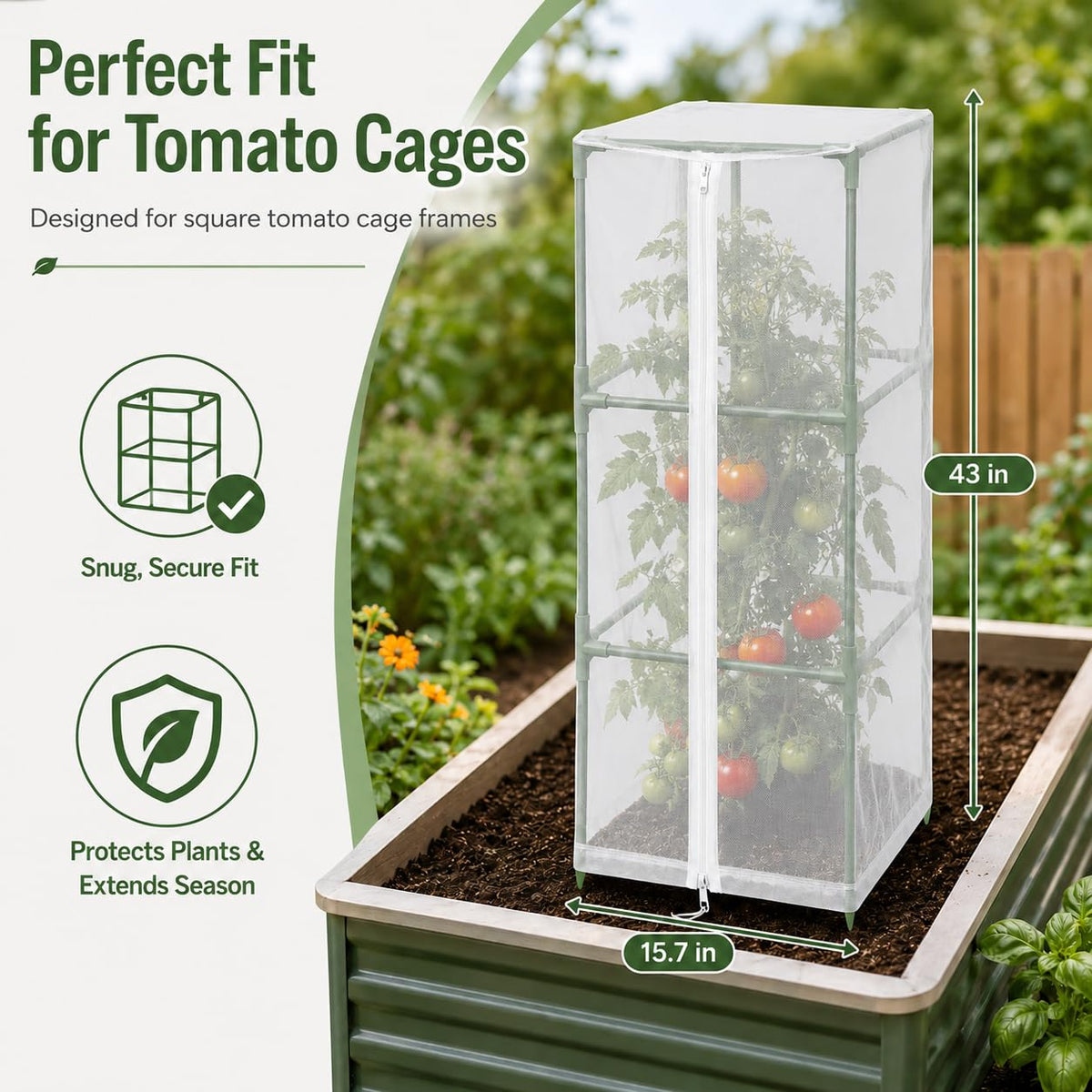 Halatool Garden Tomato Plant Cover Netting, Fits 40–50" Tall Square Tomato Cages, Garden Bird Netting with Zipper & Drawstring, Insect Barrier, Plant Covers from Insects Animals, 2 Pack, 43"×15.7"