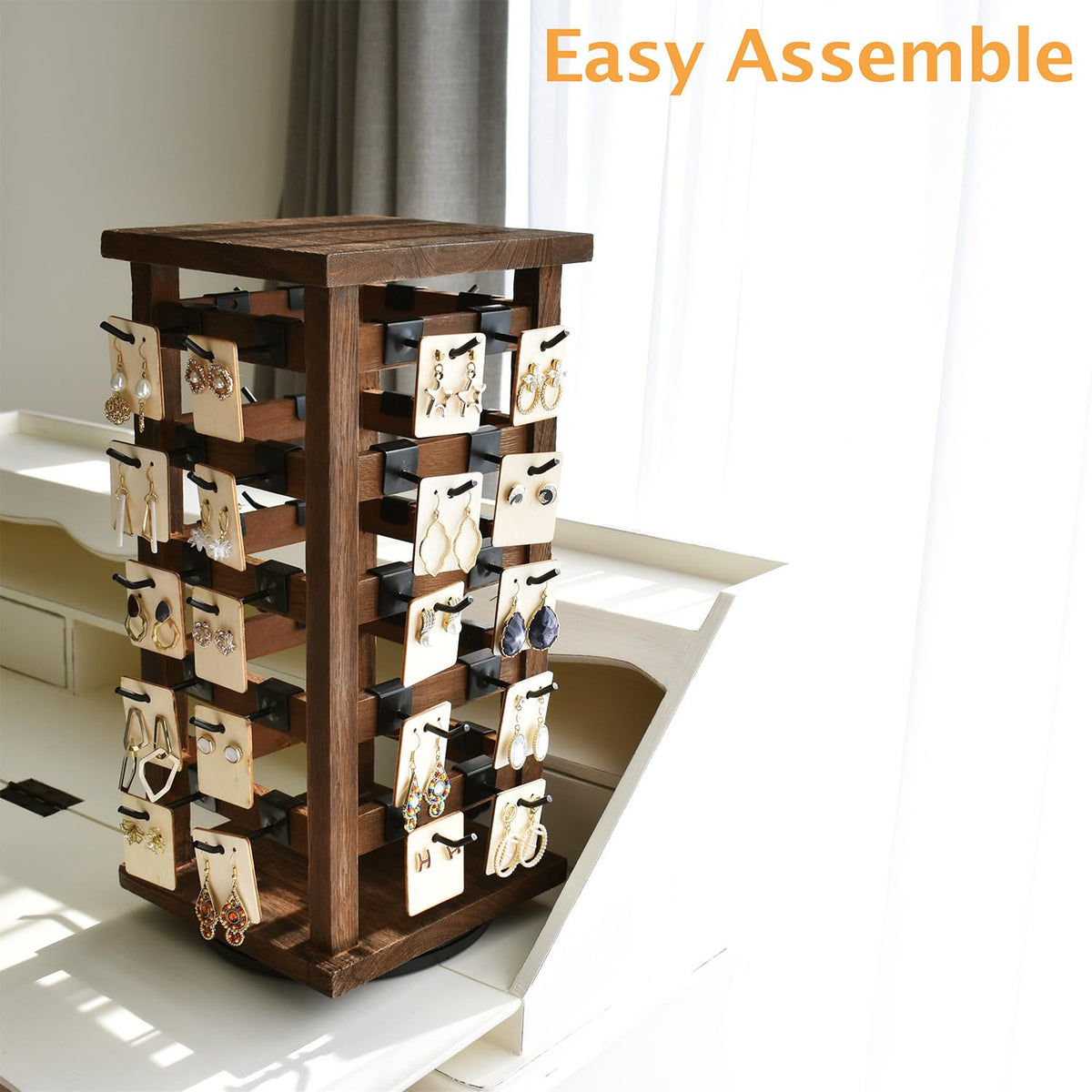 Ikee Design 5 Tiers Easy Assemble Wood Rotating Jewelry Display Tower with 42 Removable Hooks,Spinning Earring Card Storage Display Stand for Store, Showcase, Tradeshow and Home,Brown Color