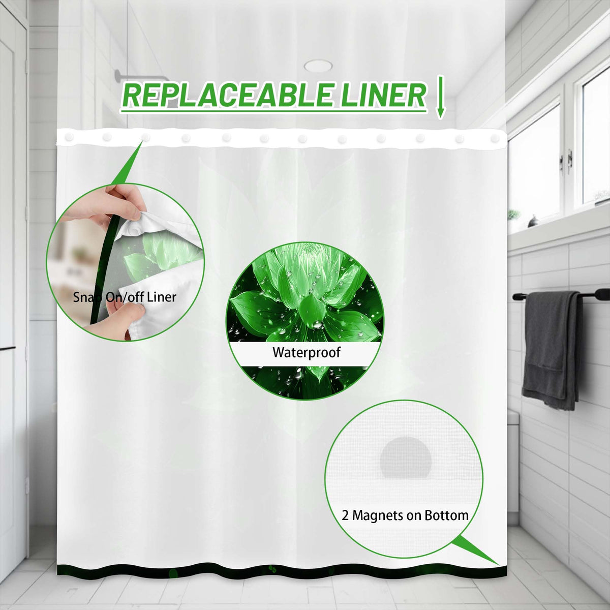 Lotus Hookless Shower Curtain with Liner, Black and Green Floral, 71"x74"