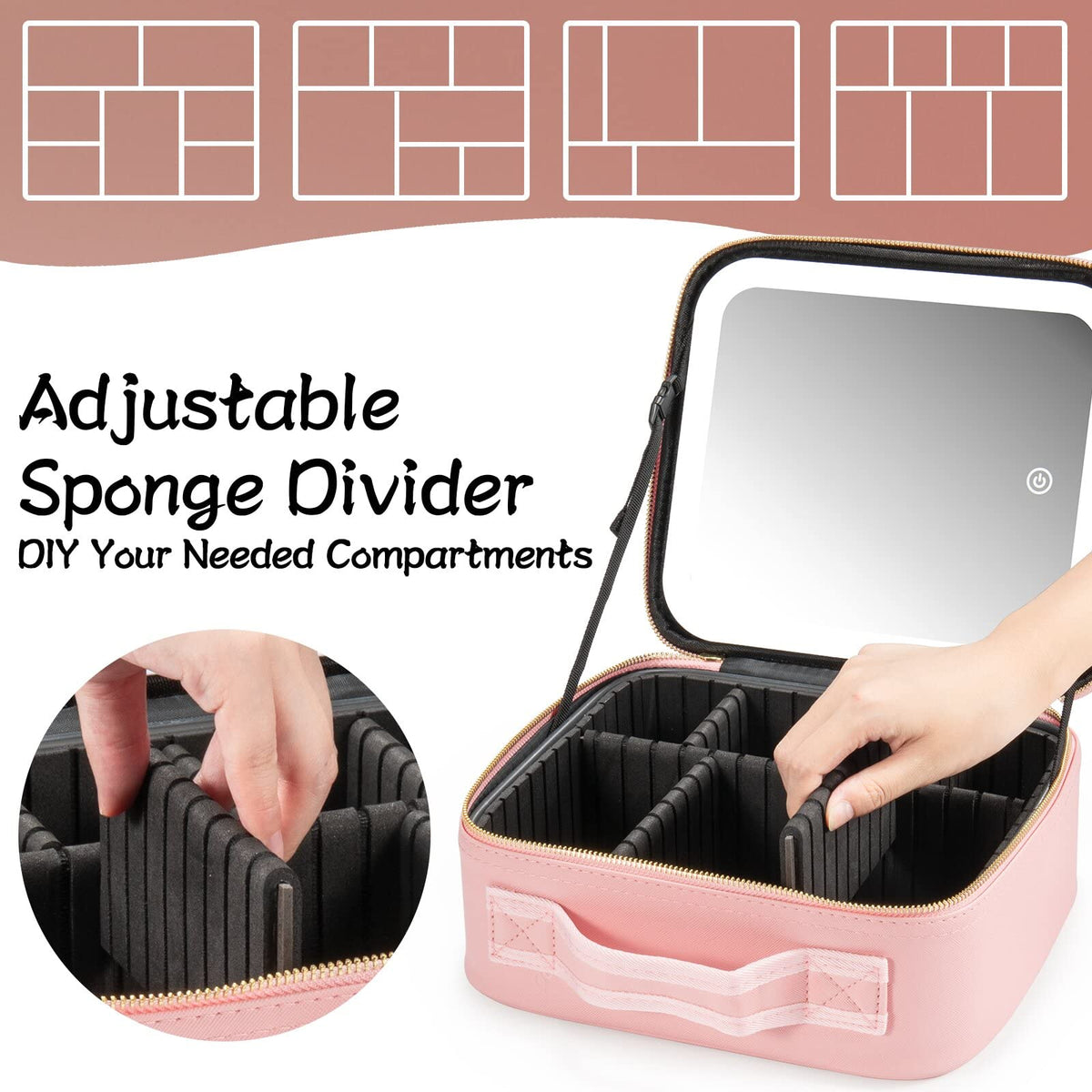 Extrei Gent Makeup Travel Train Case with Mirror LED Light 3 Adjustable Brightness Large Cosmetic Bag Portable Storage Adjustable Partition Waterproof Makeup Brushes Make up Jewelry Gift for Women
