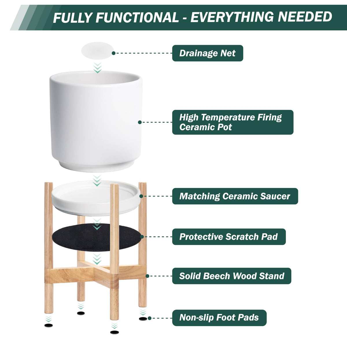 D'vine Dev Ceramic Planter with Natural Stand - 10 Inch Modern Round Flower Pot with Wood Planter Holder, White, 55-B-K-1