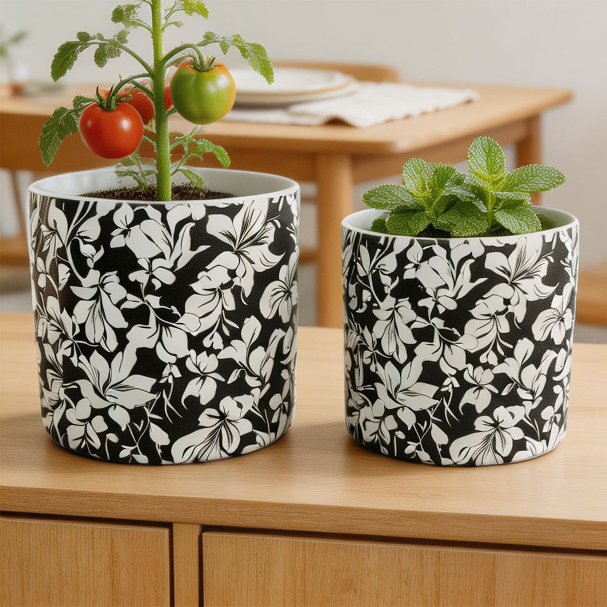 Ceramic Flowerpot Kit with Drainage Holes and Trays，5.9/4.9in Home Decor Planter for Indoor Potted Plants and Succulent Plants，2 Set of Black and White Plant Pot for Housewarming and Home Gifts