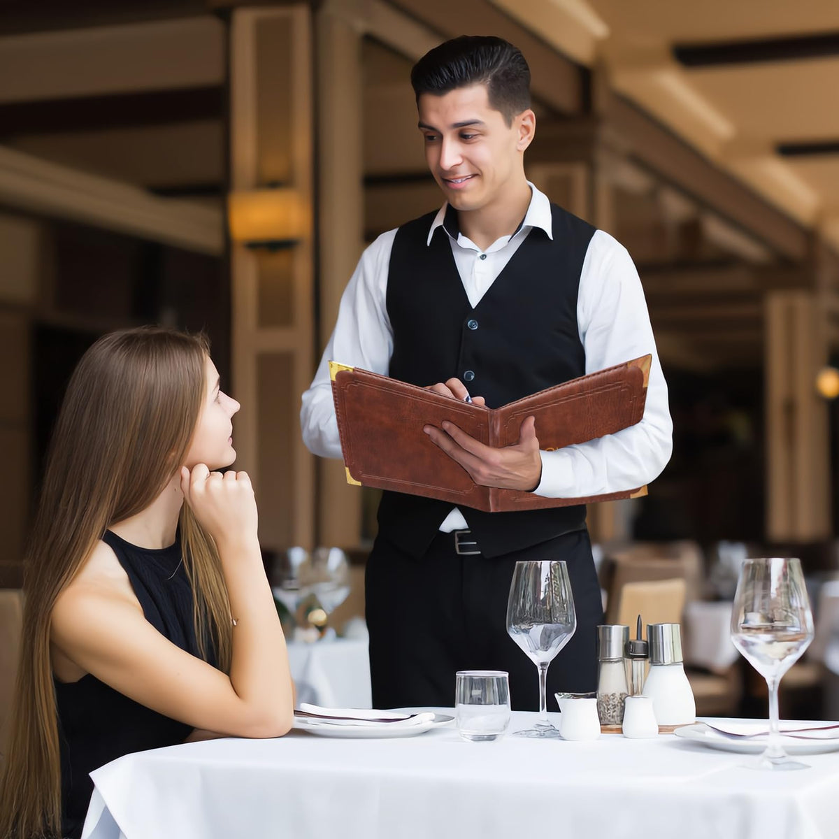 Premium Brown Faux Leather Menu Covers - Set of 2, 7-Page 14-View Restaurant Menu Holders, 8.5x11 Inch with Replaceable Sheets & Metal Corners for Cafes, Hotels