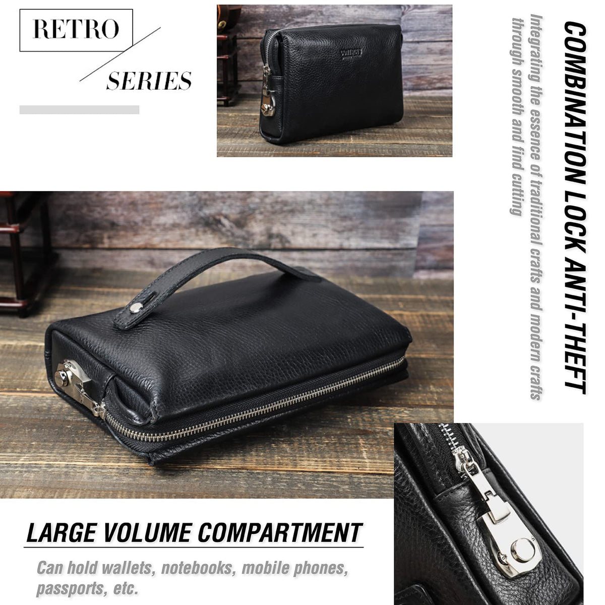 Top Grain Genuine Leather Handbag Wallet for Man & Woman, Handmade Retro Design, Combination Lock & Retractable Hand Strap & Multi Pockets/Slots, Portable RFID for Cards/Checks/Phone/Banknote, Black