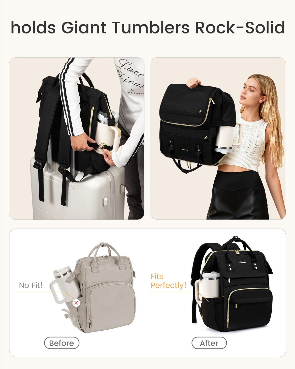 LOVEVOOK Laptop Backpack for Women with Giant Tumbler Holder Pocket,15.6 inch Waterproof Travel Backpack Purse Computer Laptop Bag,Professional Work College Nurse Teacher Backpack Casual Daypack,Black