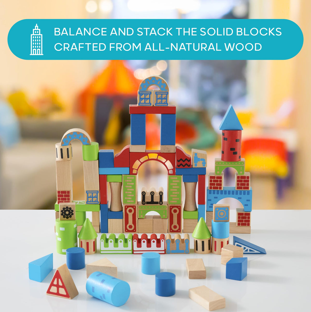 Discovery™ Wood Castle Blocks 80-Piece [Amazon Exclusive] Natural Wooden Building & Stacking Set, Imagination & Creativity Kids Activity Kit, Preschool Toddler Child Safe, Learning Playset Toy