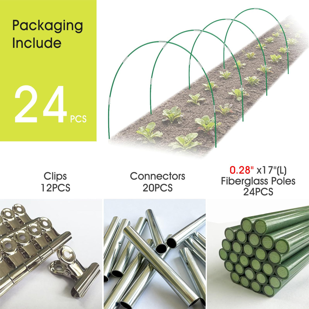RIFNY 24 PCS Garden Hoops for Raised Beds, Greenhouse Hoops Kit Long Grow Tunnel for Row Cover, Rust-Free Fiberglass Garden Support Poles for Insect Mesh Netting Freeze Plant Cover (Green)