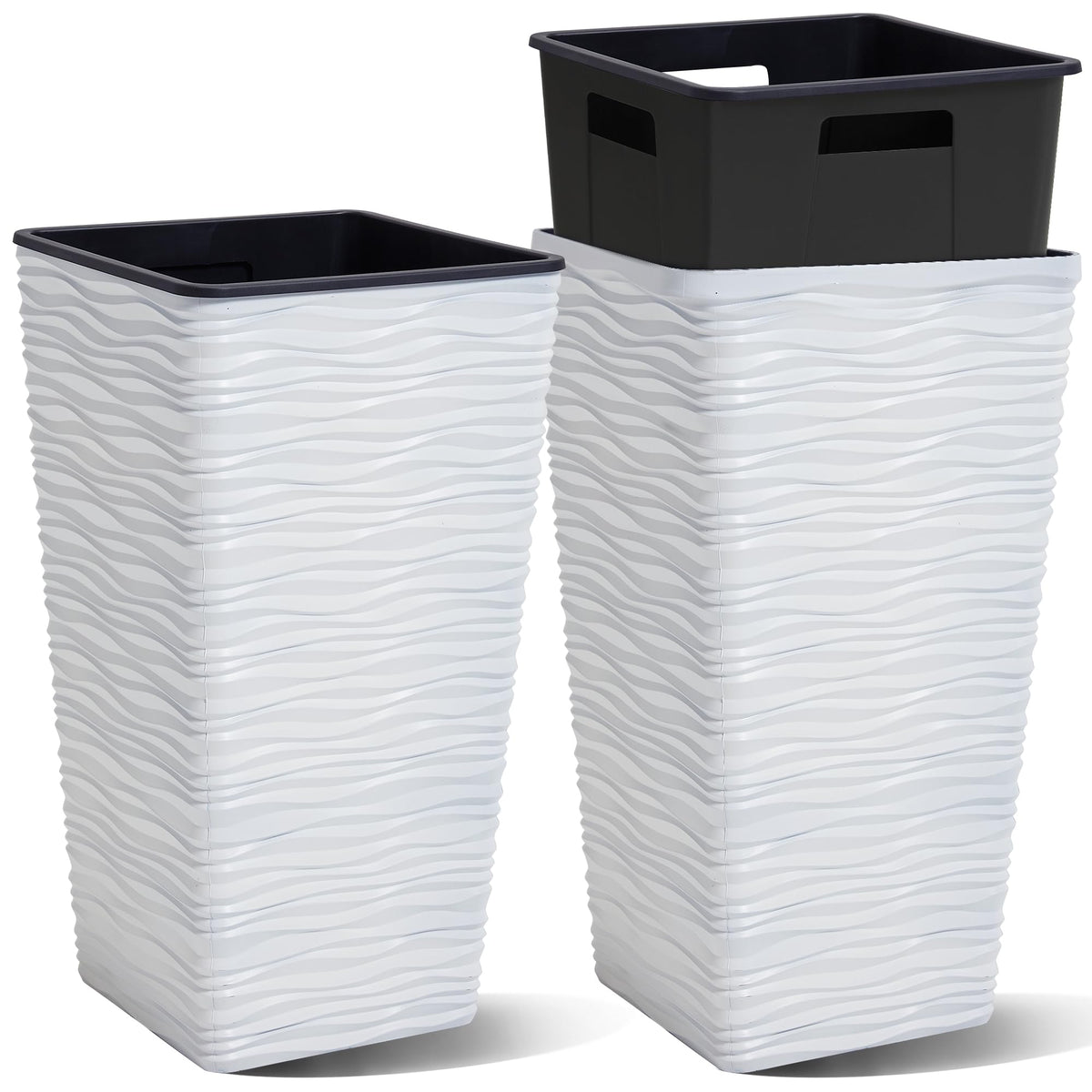 Worth 2 Pack 22" Tall Plastic Square Tapered Planter with Inside Pots for Indoor or Outdoor Use, Modern Wavy Finish for Front Porch or Deck, White