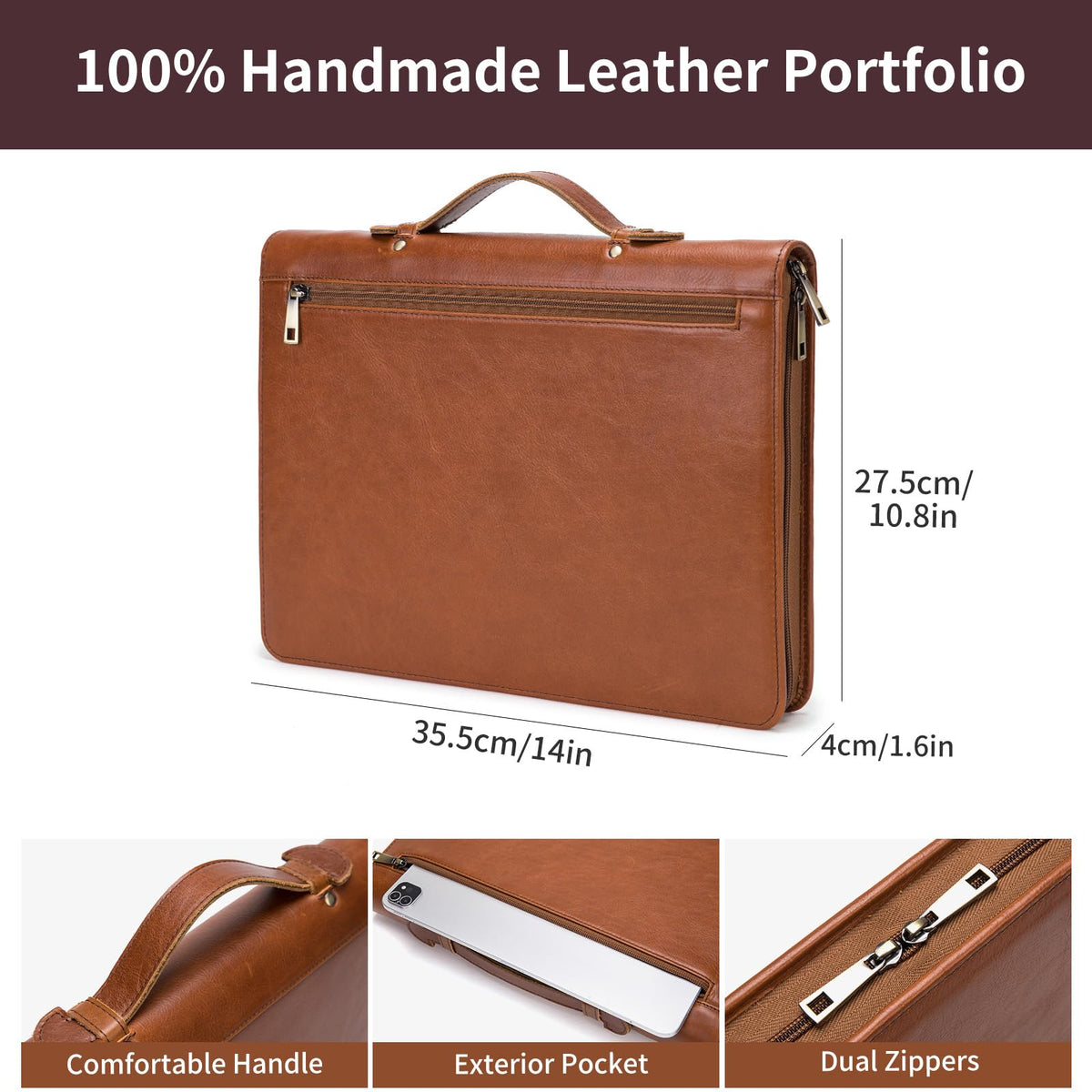 Geslun Genuine Leather Portfolio with Hidden Handle, Zippered Front Pocket, Business Padfolio for Men and Women, 8.5 x 11 Legal Pad Notebook Holder, Office Letter Notepad Folio, Oil Tanned