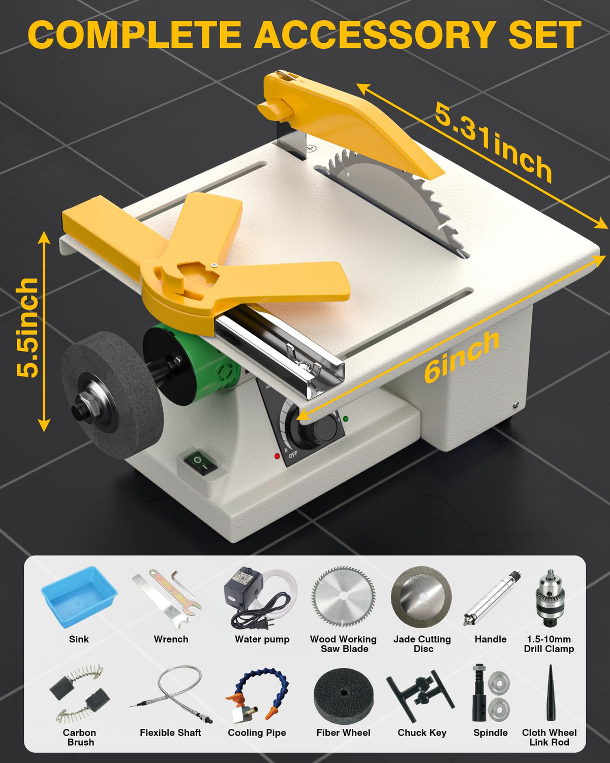 PYY Lapidary Saw - Jewelry Rock Saw w/Upgraded Diamond Blades & Woodworking Blade, 0-10000 RPM for Cutting Rocks & Polishing, DIY Art Project Lapidary Equipment,Beige,350W