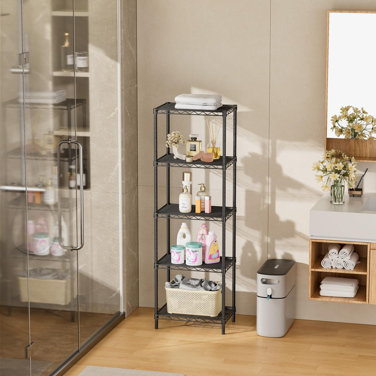 SINGAYE Metal Shelves Wire Shelving：Storage Rack Standing Units Shelf for Kitchen Laundry Bathroom Closet Organizers Pantry Narrow Mesh Adjustable 10" D x 16" W x 55" H Black