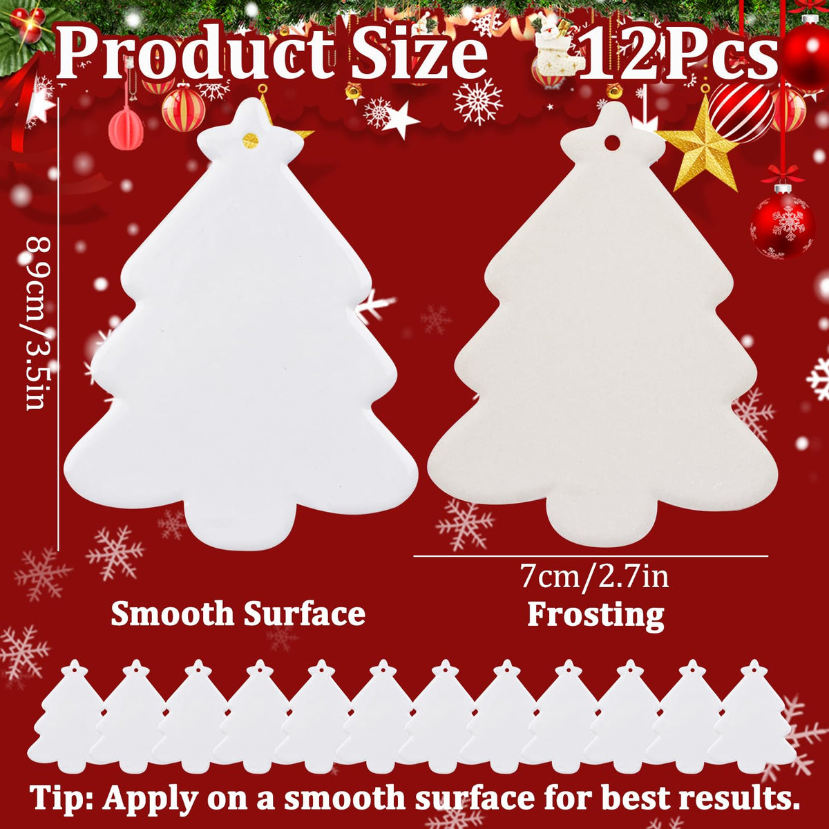 WANDIC Sublimation Ceramic Ornaments Blank, 12Pcs Christmas Tree Shaped Personalized Decoration Bulk White Ceramic Tile with Gold String for Crafting