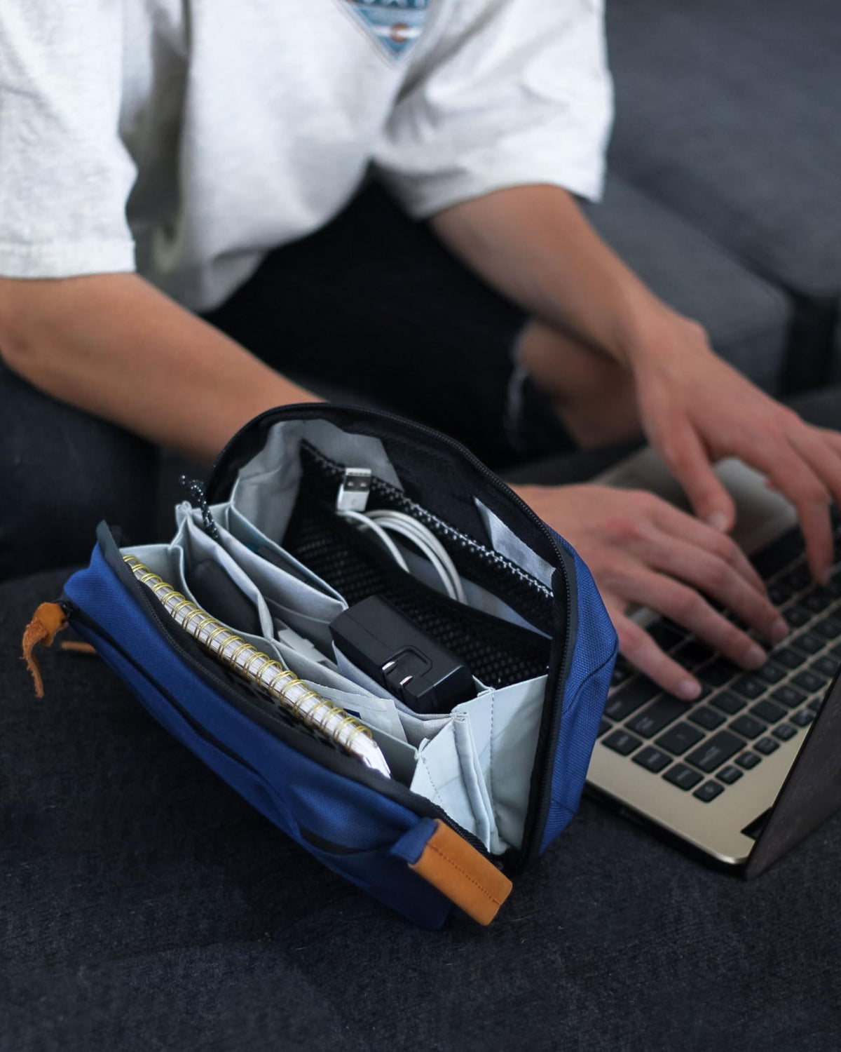 TRIPPED Travel Gear Tech Bag Organizer - Small Electronics Organizer Pouch for Travel - Premium Travel Case with Leather Accents - Mesh Pocket for Cables, Cords and Chargers (Navy)