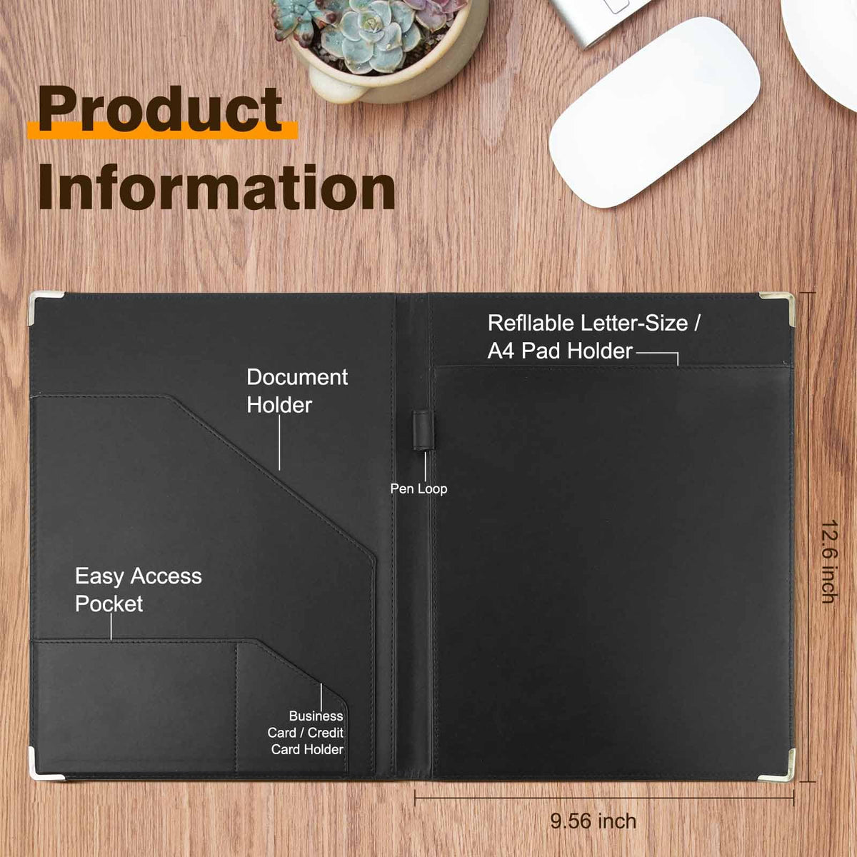 Tiankool Padfolio Portfolio Binder – Thickened Business Folder for Interview Resumes, Legal Documents | Notepad Not Included,Durable, Black