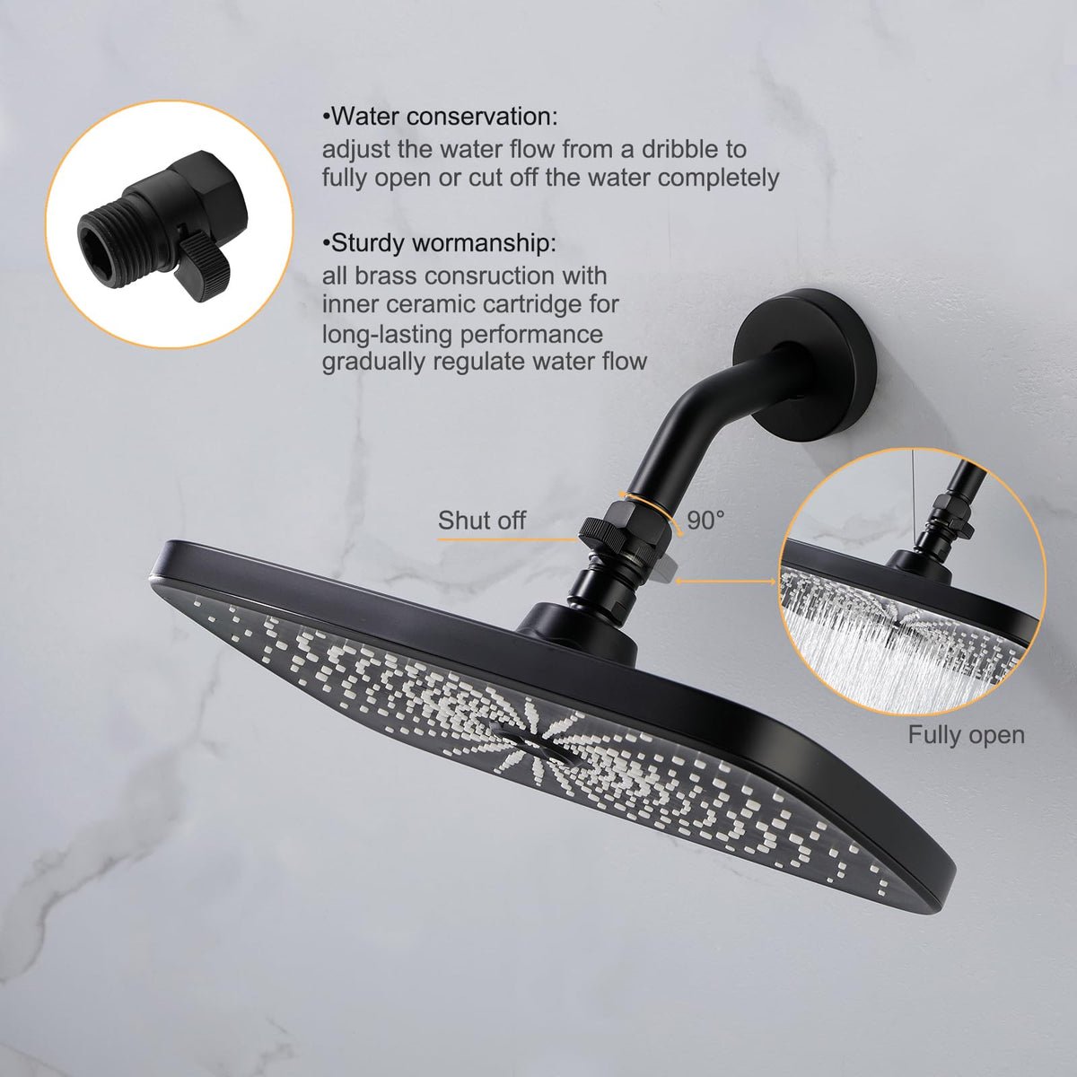 Matte Black Water Flow Control Valve, 1/2" Shower Head Flow Control Brass Shut Off Valve for Handheld, Water Pressure Regulator Replacement for Shower System