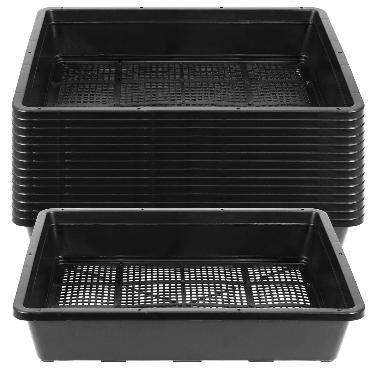 SINJEUN 15 Pack Mesh Bottom Seed Starter Trays, 15 x12 Inch Plastic Plant Tray Mesh Plant Germination Trays for Microgreens, Black