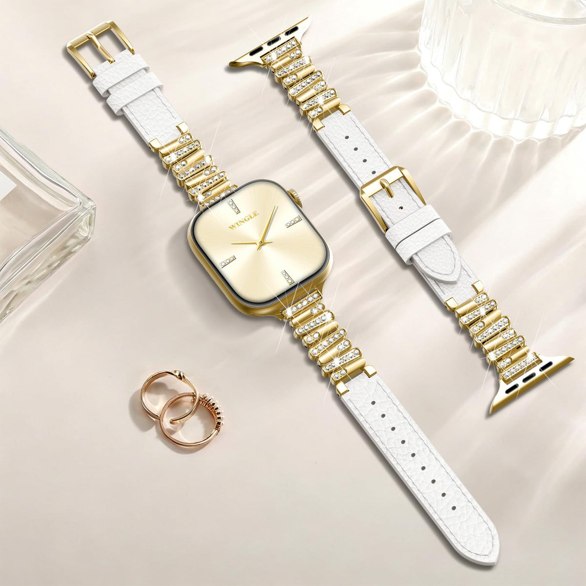 WINGLE Leather Band Compatible for Gold Apple Watch Band Women 46mm 45mm 44mm 42mm Series 11 10 9 8 7 6 5 4 SE 3 2 1 Luxury Dressy Slim Elegant Leather Metal Chain Strap Bling Link Bracelet,Gold/White