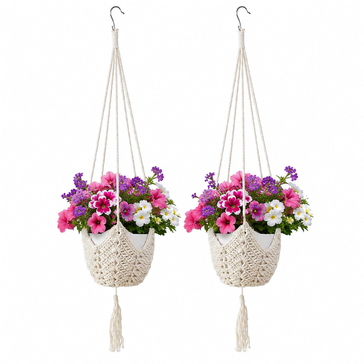 LAGWIUY 40 Inch Macrame Plant Hanger 2 Pack, White Hanging Planters with S-Shaped Hooks for Indoor Outdoor Plants, Home Decor