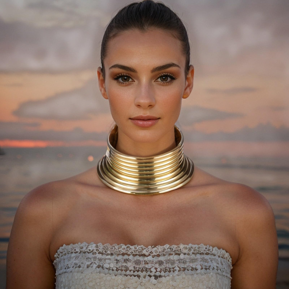 Florate Choker Necklace Bracelet Set for Women PU Leather African Statement Female Torques Collar Ethnic Tribal Bangle Jewelry Set (NXR1446-Gold)